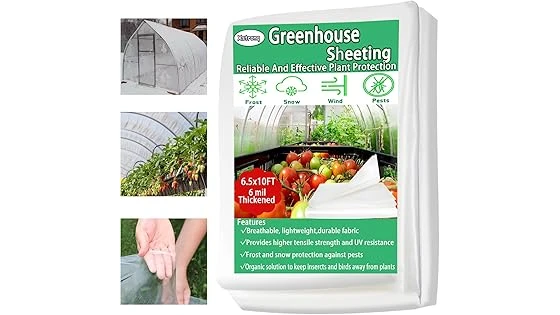 The image shows various transparent and semi-transparent materials used for greenhouse panels.