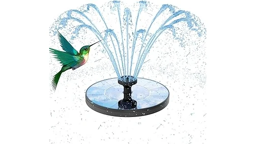 This image shows a compact solar fountain operating in a bird bath, highlighting a best-selling mini solar fountain.