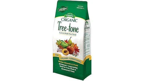 The image shows a selection of organic fertilizers suitable for nourishing healthy apple trees.