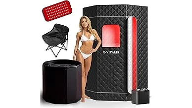 The image shows a cozy outdoor sauna perfectly suited for cold climates, ideal for relaxing.