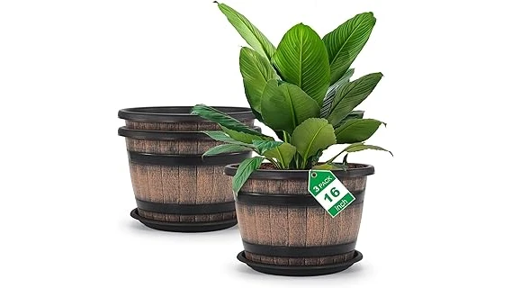 The image shows a rustic whiskey barrel planter overflowing with a variety of lush, best-selling plants.