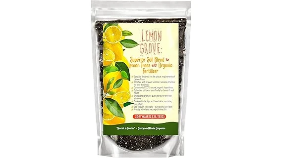 The image shows a healthy Meyer lemon tree in a pot with rich, nutrient-filled potting soil.