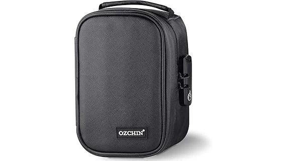 The image shows a collection of sleek, black smell proof bags, hinting at the top ten for weed.