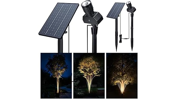 This image shows several solar-powered lights illuminating trees from below, showcasing best-selling uplighting options.