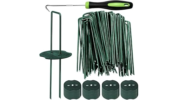 This image shows multiple ground stakes designed to secure artificial grass for a tidy lawn.