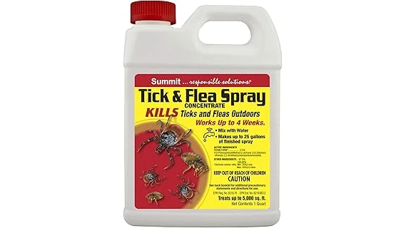 The image shows several bottles of best selling tick and mosquito yard spray arranged on a patio.