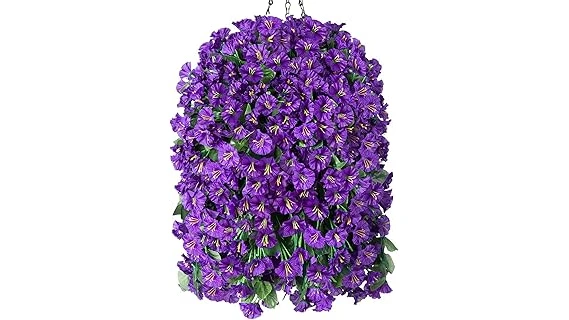 The image shows a vibrant hanging basket overflowing with beautiful, cascading flowers, perfect for any garden.