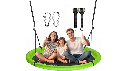 The image shows a durable, comfortable tree swing perfect for relaxing outdoors.