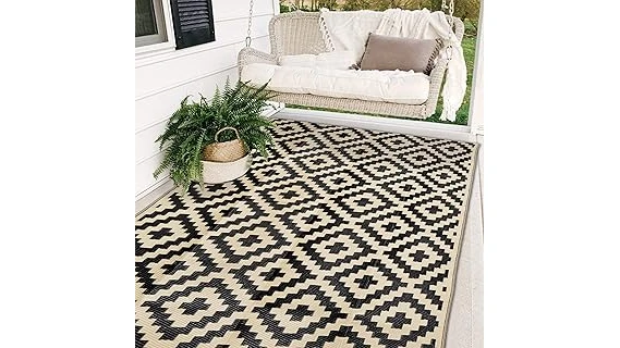 The image shows a beautiful deck area with a featured outdoor carpet, highlighting waterproof options.
