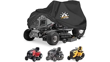 The image shows a powerful 48-inch riding lawn mower, a top contender among popular models.