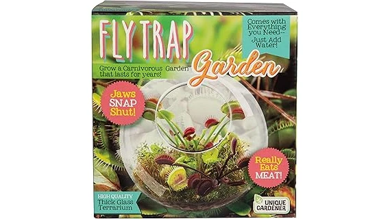 The image shows a colorful pitcher plant with a fly trapped inside, highlighting popular carnivorous plants.