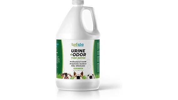 The image shows bottles of popular artificial grass cleaners, highlighting top choices for easy maintenance.