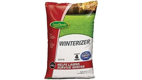 The image shows bags of fall fertilizer for Bermuda grass, a top pick for lawn care.