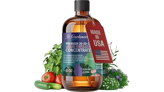 The image shows a vibrant potted plant with colorful flowers, alongside various popular plant fertilizers.