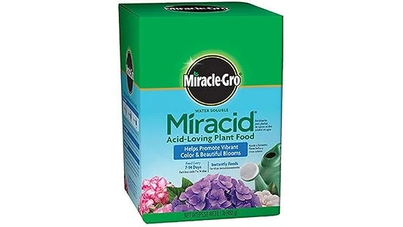 The image shows several bottles of fertilizer suitable for promoting vibrant hydrangea blooms.