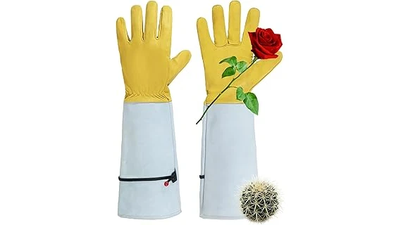 The image shows a collection of protective gardening gloves designed for handling thorny plants.