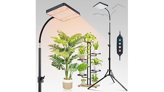 The image shows a healthy pothos plant thriving under a collection of popular grow lights.