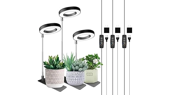 This image shows a collection of diverse grow lights arranged to illuminate houseplants for the Most Popular 10 Grow Lights for Houseplants.
