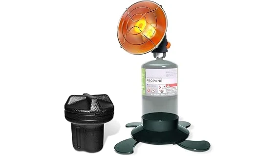 The image shows a cozy ice fishing tent with a prominent heater, part of the Most Popular 10 Heater for Ice Fishing feature.