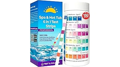 The image shows a selection of popular hot tub water test kits for checking water chemistry.