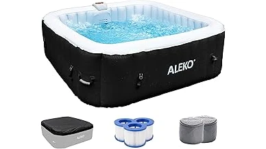 The image shows a luxurious hot tub emitting steam in a snowy, winter landscape.