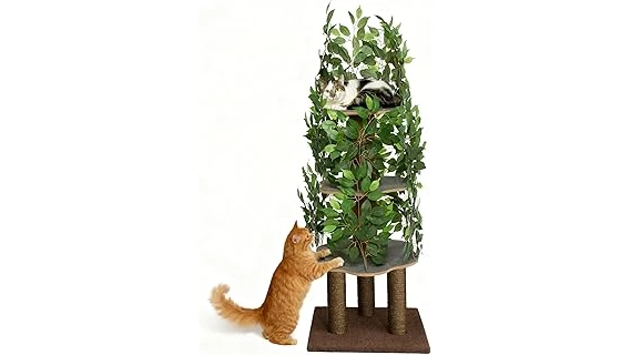 The image shows a stylish living room with a cat safely enjoying a popular indoor cat tree.