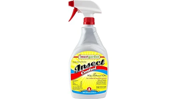 The image shows a homeowner applying granular insecticide to a lawn, combating white grubs.
