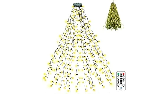 The image shows a beautifully decorated Christmas tree with many bright, colorful lights, highlighting popular choices.