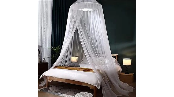 The image shows a beautifully decorated bed with a stylish mosquito net draped over it.
