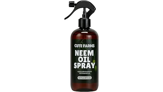 The image shows bottles of neem oil spray, highlighting popular choices for plant care.