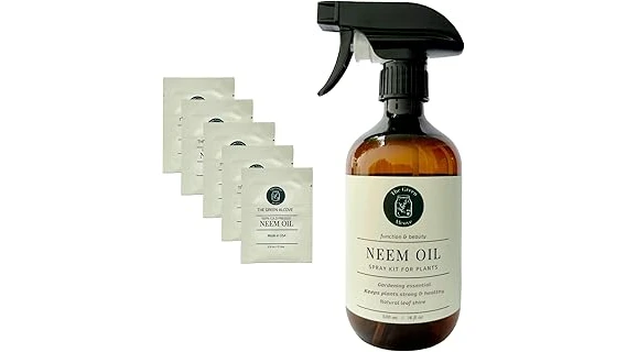 The image shows various bottles of neem oil products, highlighting popular choices for indoor plant care.