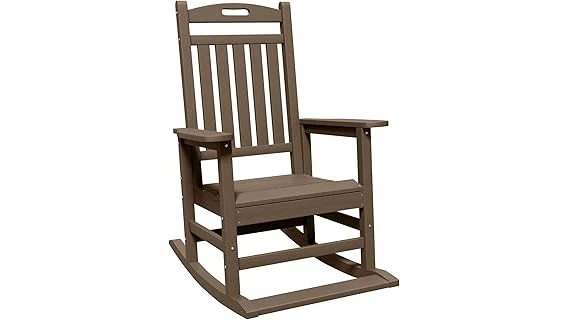 The image shows a diverse collection of popular outdoor rocking chairs for a porch setting.