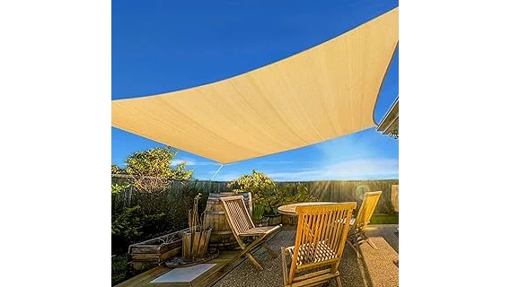 The image shows stylish outdoor shades providing protection and beauty for a patio in windy conditions.