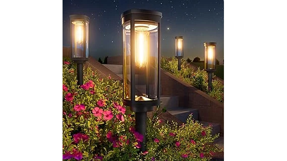 The image shows a glowing garden path lined with several popular outdoor solar path lights at dusk.