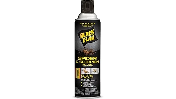 The image shows a person spraying outdoor spider repellent in a garden setting.