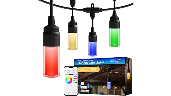 The image shows a beautiful patio decorated with many popular outdoor string lights for a cozy evening.