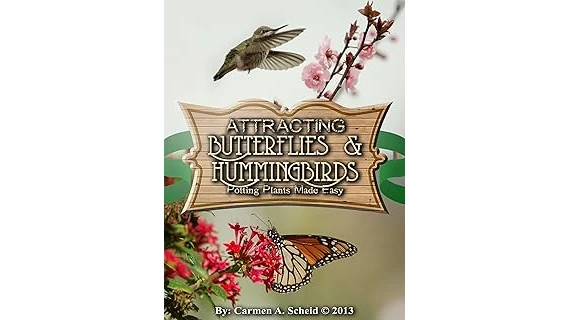 The image shows a vibrant garden bursting with colorful flowers attracting hummingbirds and butterflies.