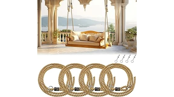 This image shows a comfortable porch swing with durable rope, perfect for enjoying the outdoors.
