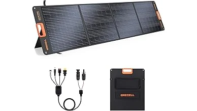 The image shows a person setting up a portable solar panel for camping next to a tent.
