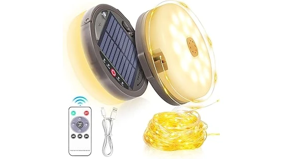 The image shows various solar string lights illuminating a campsite at dusk, showcasing popular camping lighting options.