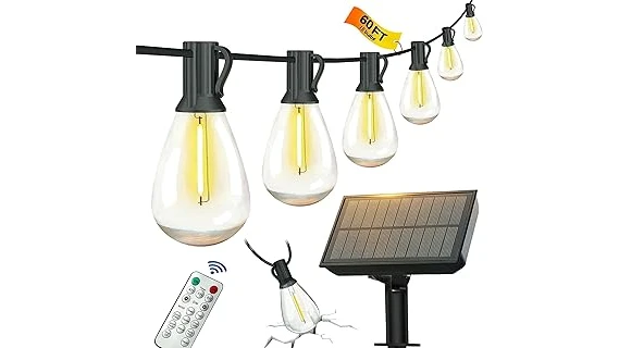 The image shows illuminated solar string lights creating a warm atmosphere on a patio, perfect for outdoor gatherings.