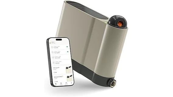 The image shows a powerful sprinkler in action, watering a vast green lawn for optimal coverage.