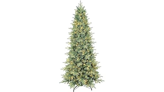 The image shows a realistic artificial blue spruce Christmas tree, a top contender for festive decor.