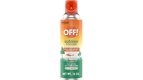 The image shows a person spraying a lush green lawn with a bug spray bottle.