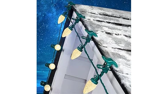 The image shows festive Christmas lights adorning a home's gutters, highlighting a top choice.