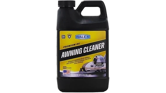 The image shows a clean camper awning ready for its next adventure, highlighting effective cleaning solutions.