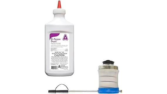 This image shows several containers of dust insecticide for killing yellow jackets.