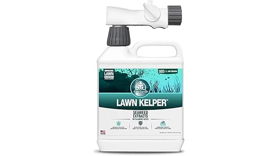 This image shows lush Kentucky Bluegrass lawn with various fertilizer bags displayed.
