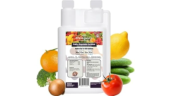 The image shows various fertilizer bags arranged near lush raised garden beds.