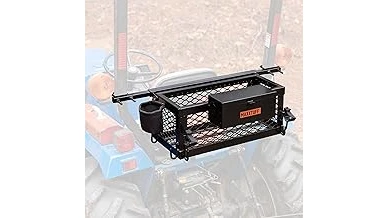 The image shows a tractor with a finish mower attachment, ideal for lawn maintenance.